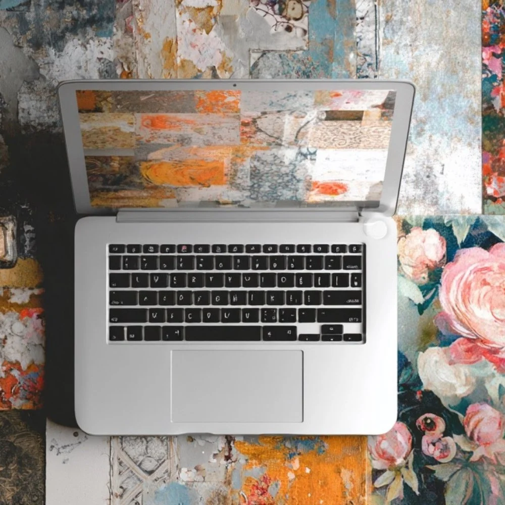 Ein silberner Laptop mit schwarzer Tastatur auf einem kunstvoll bemalten Untergrund