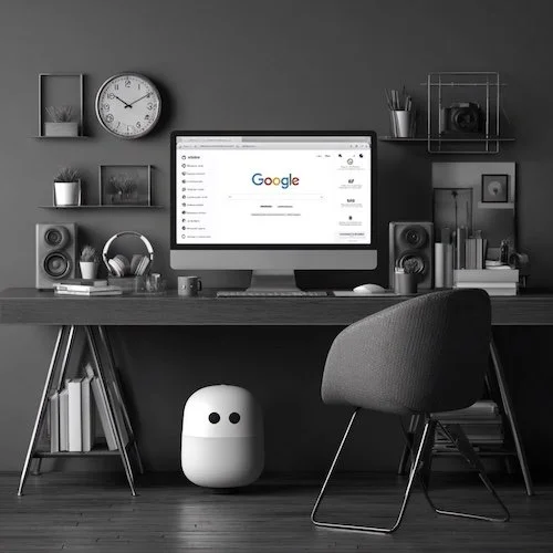 Schreibtisch mit Computer, Monitor zeigt Google-Startseite, Lautsprecher, Bücher, Pflanzen, Uhr an grauer Wand, schwarzes Regal mit Dekorationen, grauer Stuhl, weißes robotähnliches Gerät unter dem Tisch.