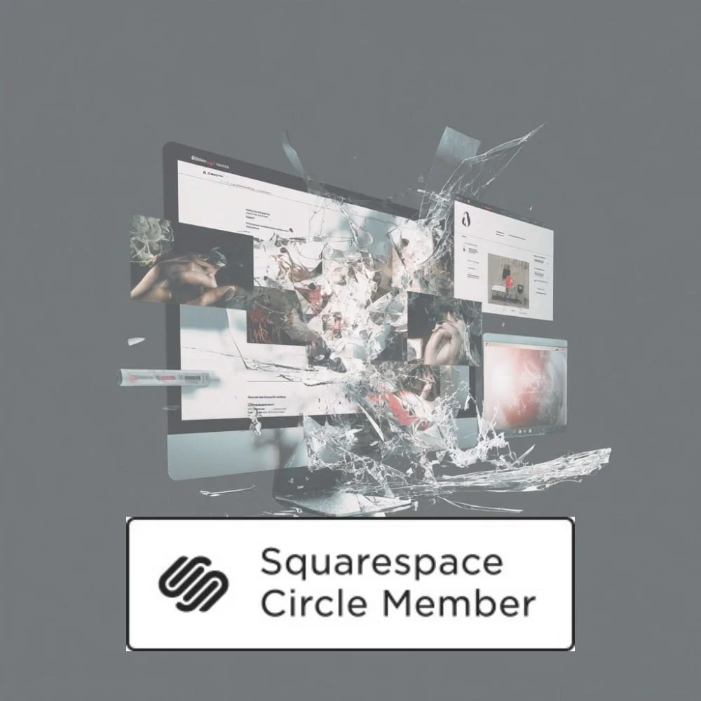 Ein Computerbildschirm zeigt eine virtuelle Explosion mit zersplitterndem Glas und zerstreuten Bildausschnitten. Darunter befindet sich ein Logo und Text, der auf eine Squarespace-Kreismitgliedschaft hinweist.