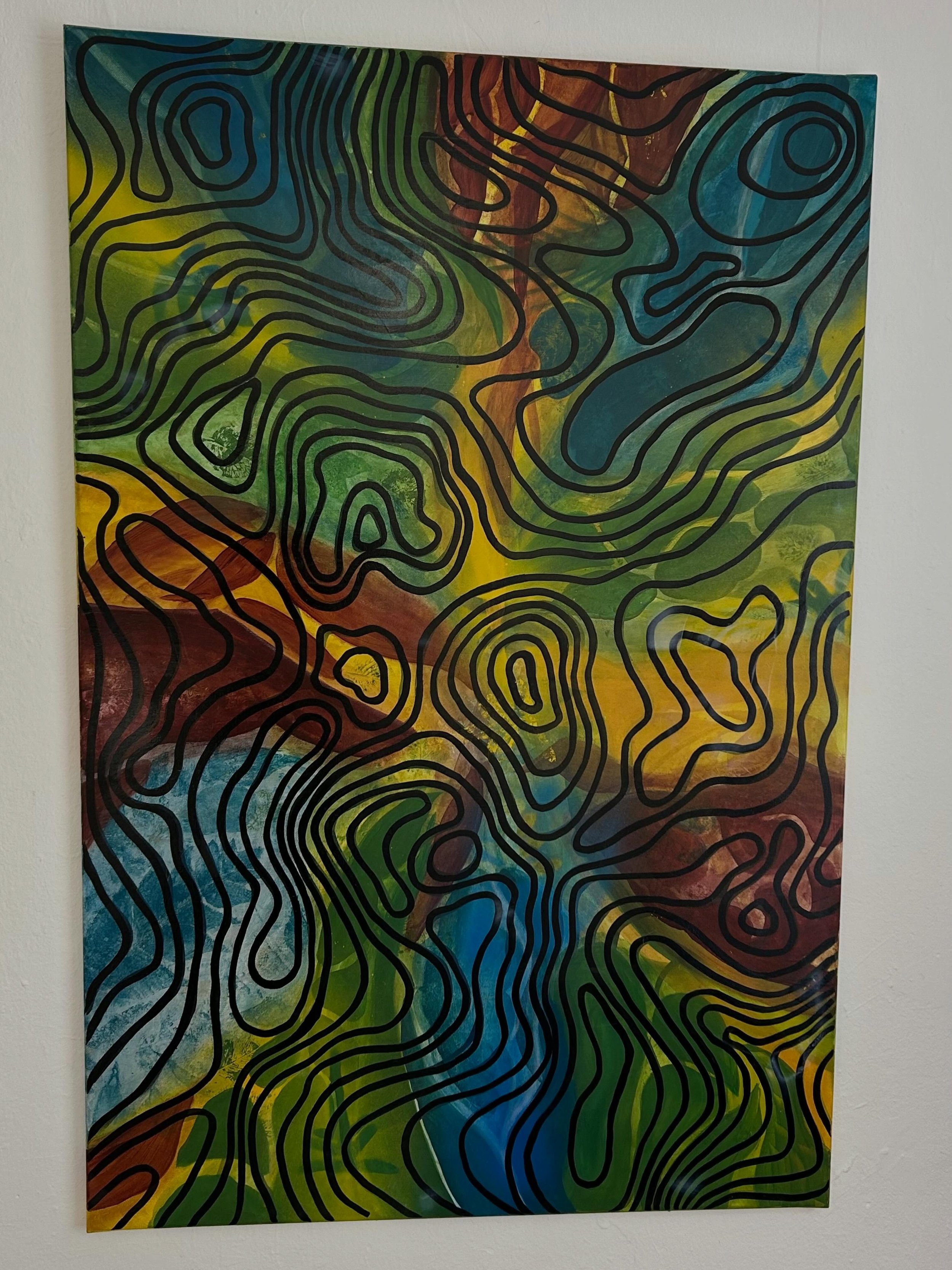 &bdquo;Florale Topografie&ldquo;
Schwarze, flie&szlig;ende H&ouml;henlinien &uuml;ber einem floral gestalteten Hintergrund. 
Eine topografische Struktur mit bl&uuml;hender, floraler Energie. #floralpaintings #graphicalpainting