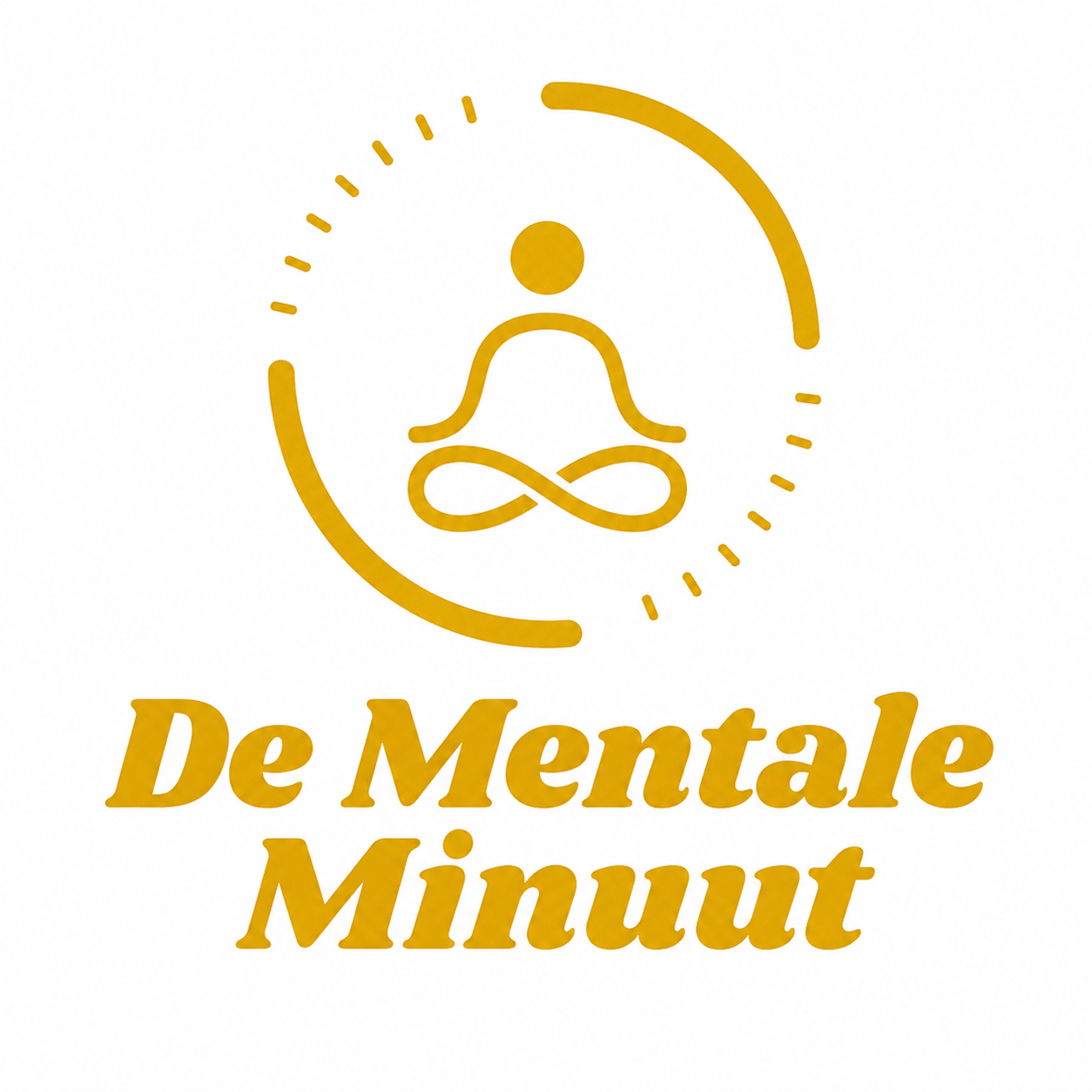 Een lineaire illustratie van een persoon in een meditatieve pose, omringd door een cirkel met stippellijn en een halve cirkel, samen met de tekst 'De Mentale Minuut' in gele letters.