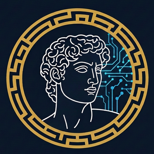 Une tête antique de Thésée fusionnée à un cadre doré électronique incarne la complexité du digital. Comme Thésée dans le labyrinthe, Theseus Consulting guide ses clients vers une transformation numérique maîtrisée.