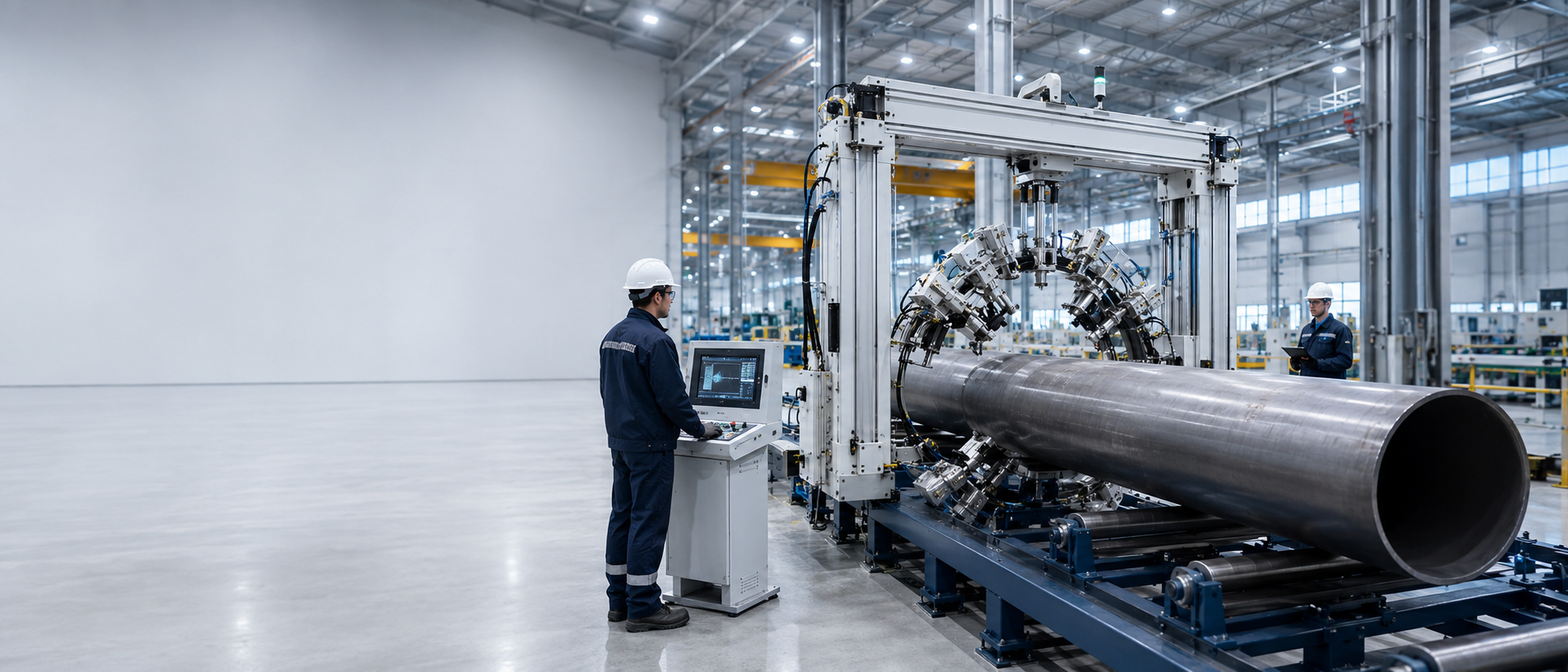Automatisierte Ultraschallprüfung von Rohren mit Portalanlage, Bedienpersonal und Steuerstand in moderner Industriehalle.