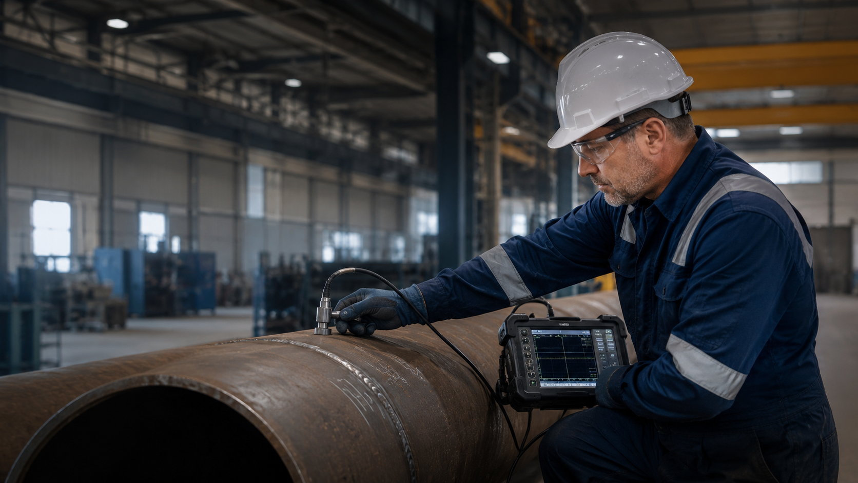 Manuelle Ultraschallprüfung an einem Metallrohr zur zerstörungsfreien Prüfung und industriellen Qualitätssicherung.