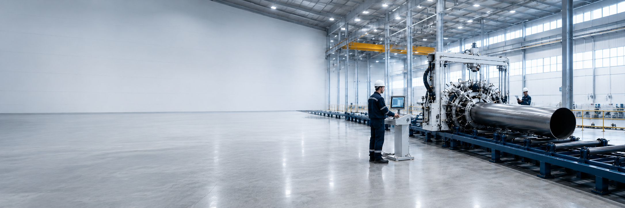 Automatisierte Ultraschallprüfung von Rohren mit Portalanlage, Bedienpersonal und Steuerstand für industrielle Qualitätssicherung.