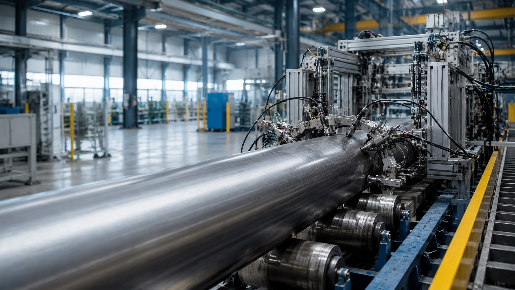 Industrielle Rohrprüfung mit automatisierter Ultraschallprüfanlage in einer modernen Fertigungshalle.