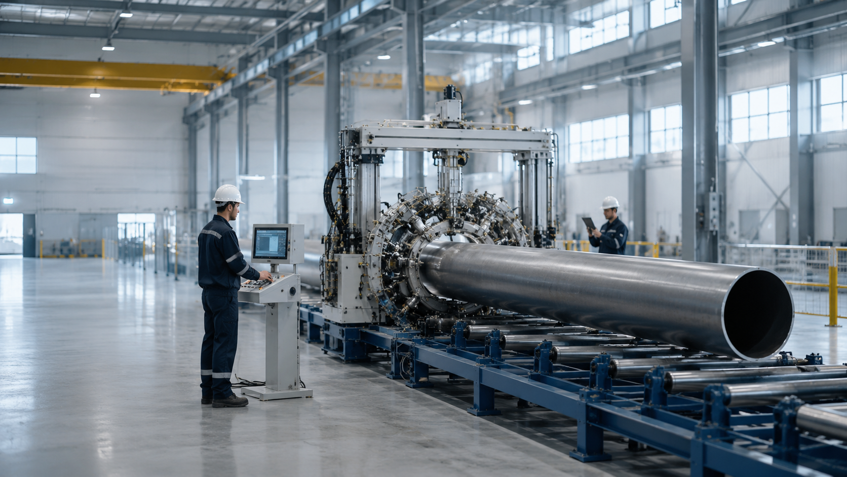 Automatisierte Ultraschallprüfung von Rohren mit Portalanlage, Steuerstand und Bedienpersonal für industrielle Qualitätssicherung.
