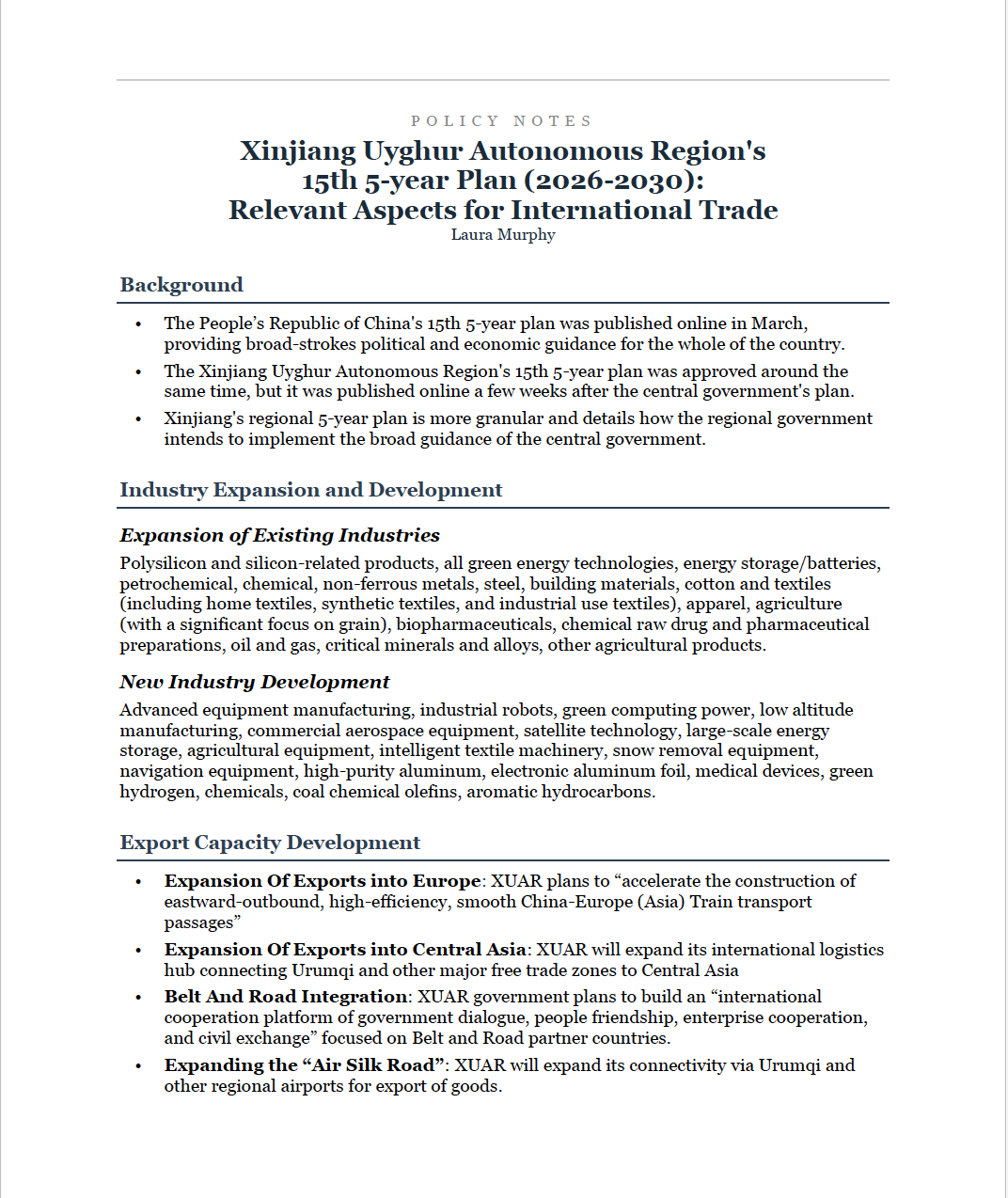 Policy Notes: Xinjiang Uyghur Autonomous Region’s 15th 5-year plan (2026-2030) 