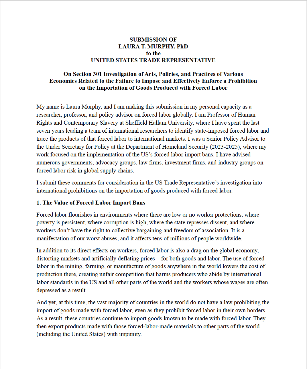 Submission to the US Trade Representative’s Office on Section 301 Investigation of Unfair Trade Practices/Forced Labor Import Bans