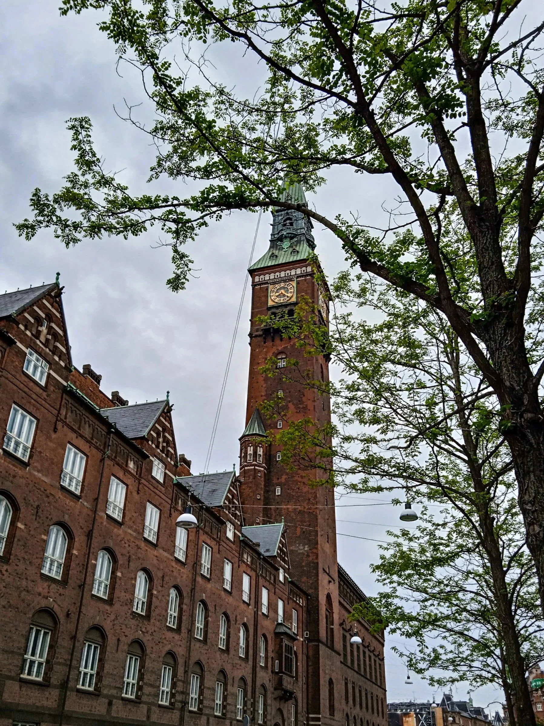 View of a tall brick clock tower with a greenspotted spire, surrounded by trees with green leaves and historic brick buildings, under an overcast sky.