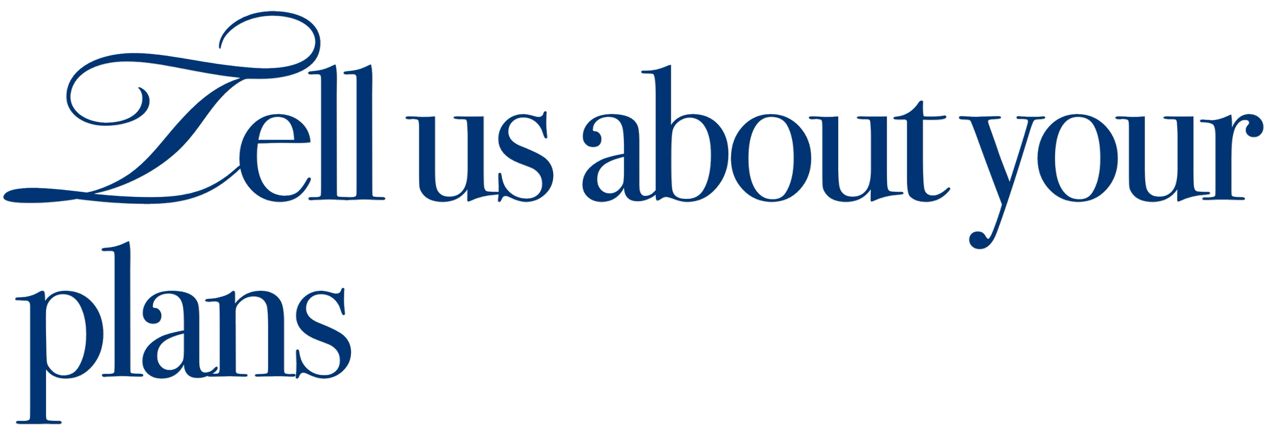 Stylized text that says 'Tell us about your plans' in elegant cursive font.