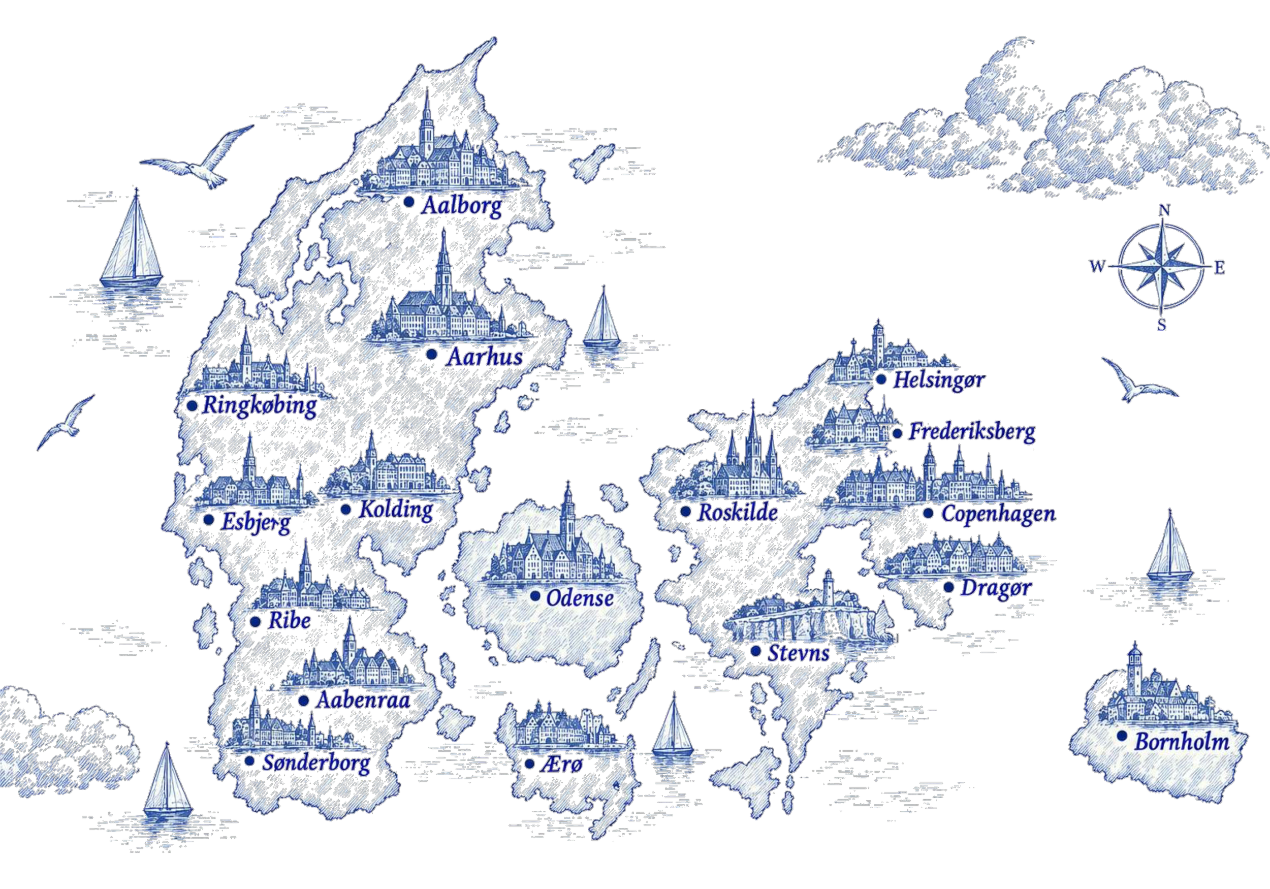 Map of Denmark highlighting various cities including Aarhus, Aalborg, Odense, Copenhagen, and Bornholm. The map features illustrations of landmarks, sailboats, and seagulls, with a dark background.