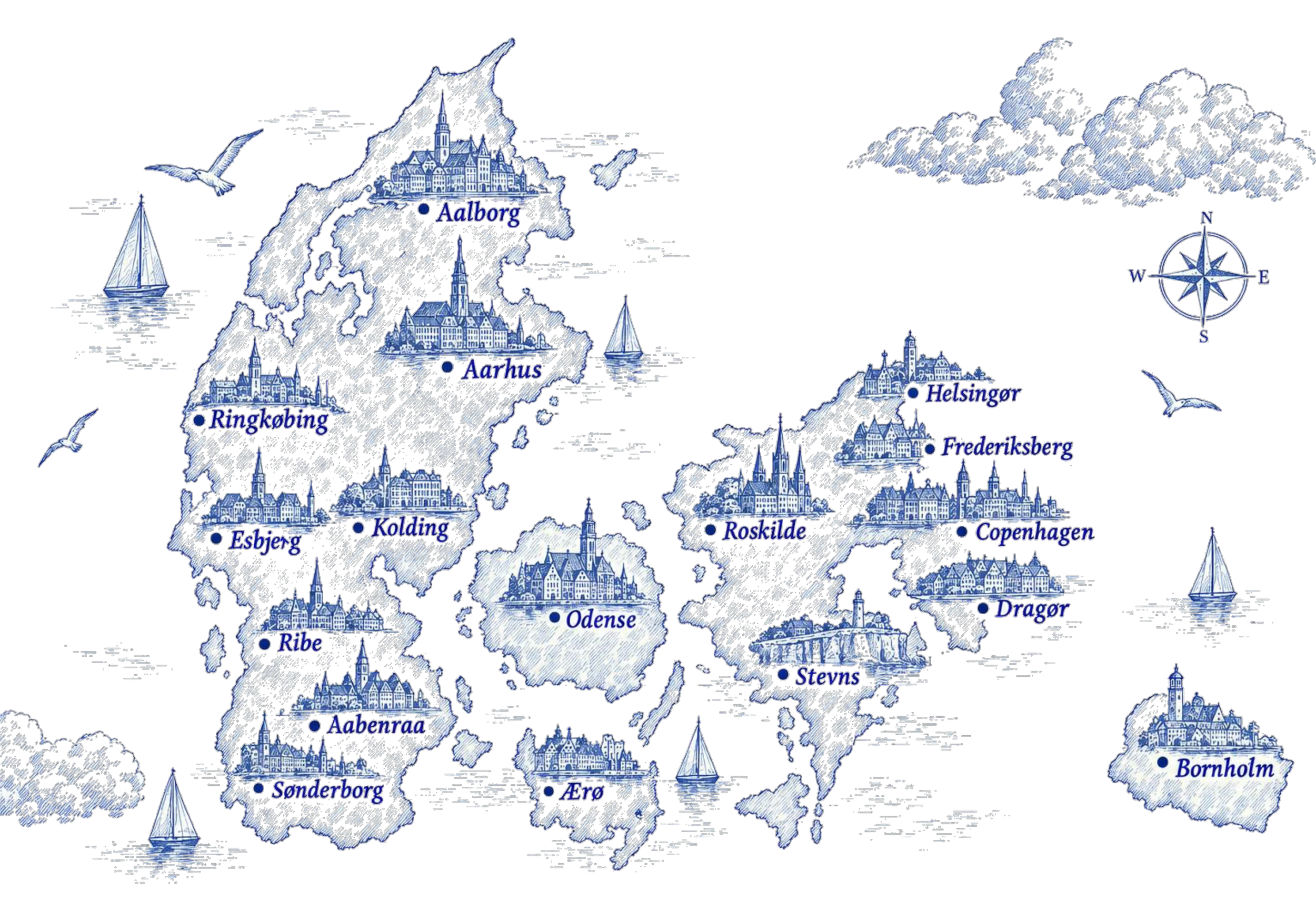 Illustrated map of wedding locations in Denmark: Copenhagen, Frederiksberg, Helsingør, Dragør, Roskilde, Odense, Aarhus and Aalborg