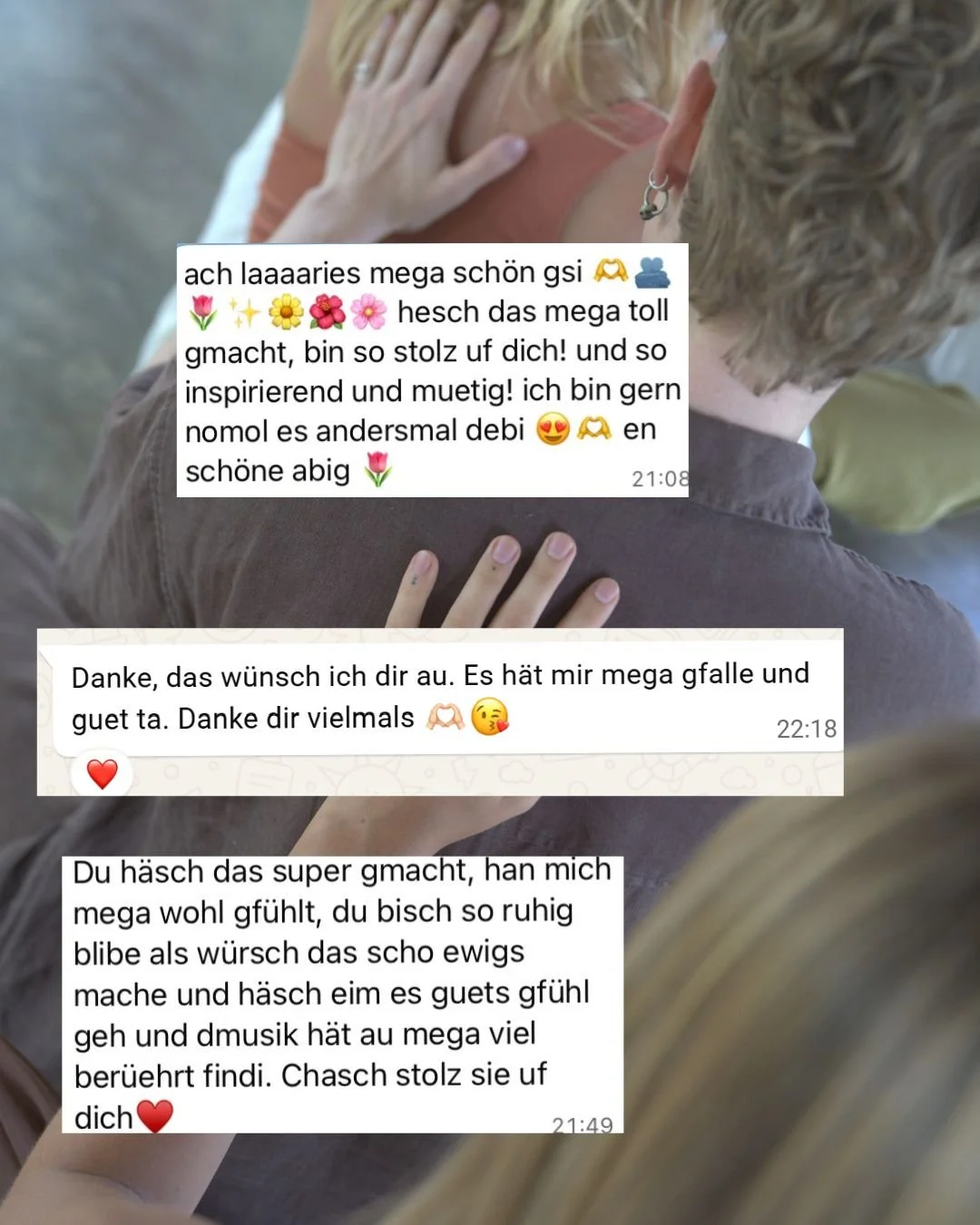 Screenshot eines Chats mit Testimonials die zusammenfassen, wie toll die Sessions bei Lara waren.