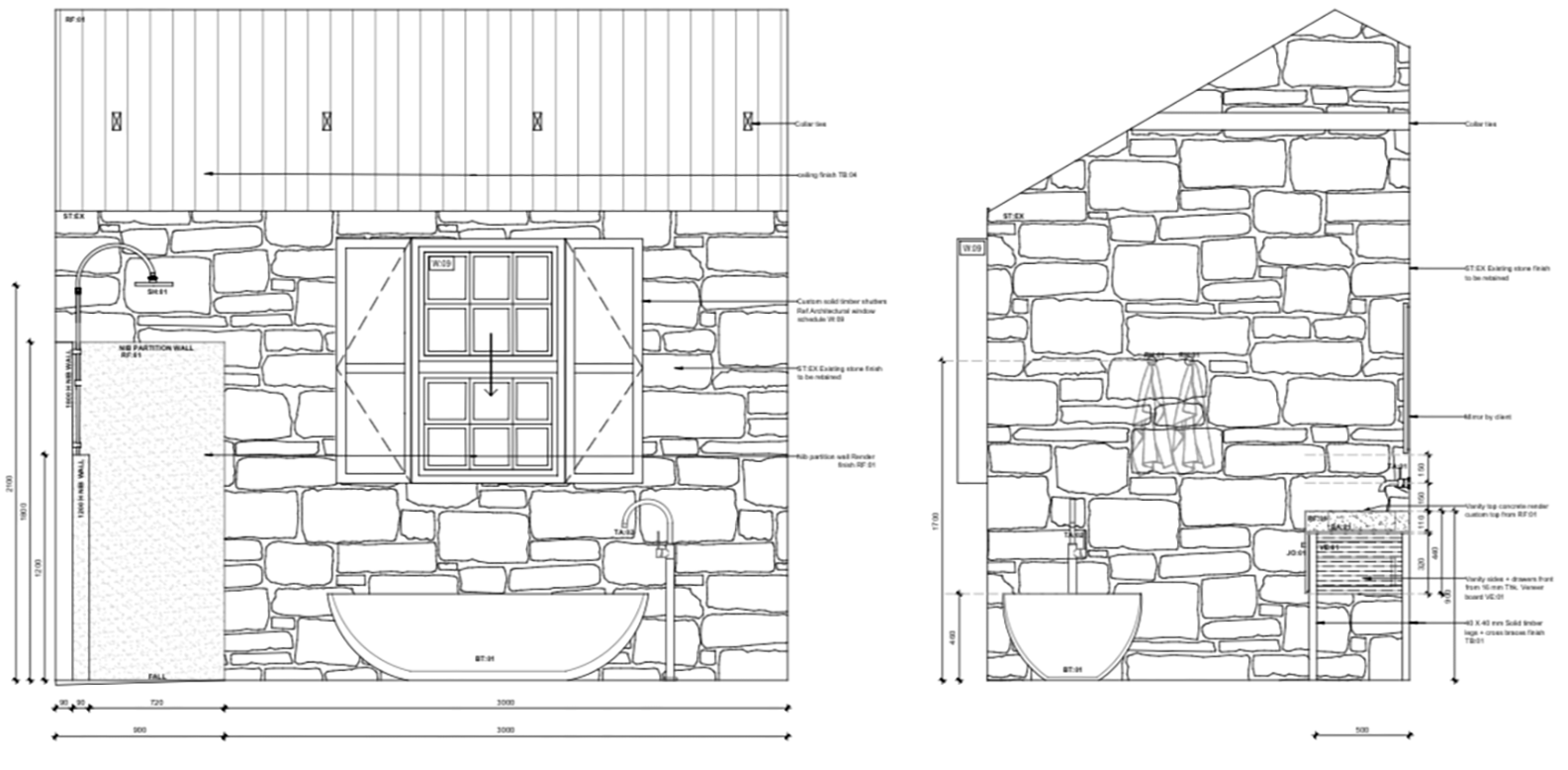 Architectural blueprint of a building facade and interior wall, showing measurements, window, and door placements, along with construction details and materials.