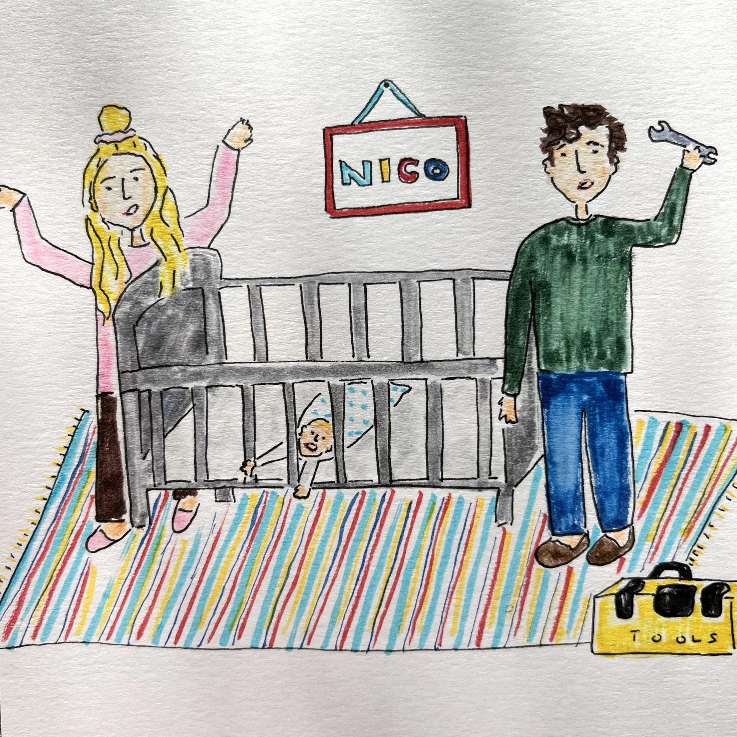 Colorful illustration of a woman with long blonde hair, a man with messy dark hair, and a baby in a crib with a striped rug beneath, in a playful and cartoon style.
