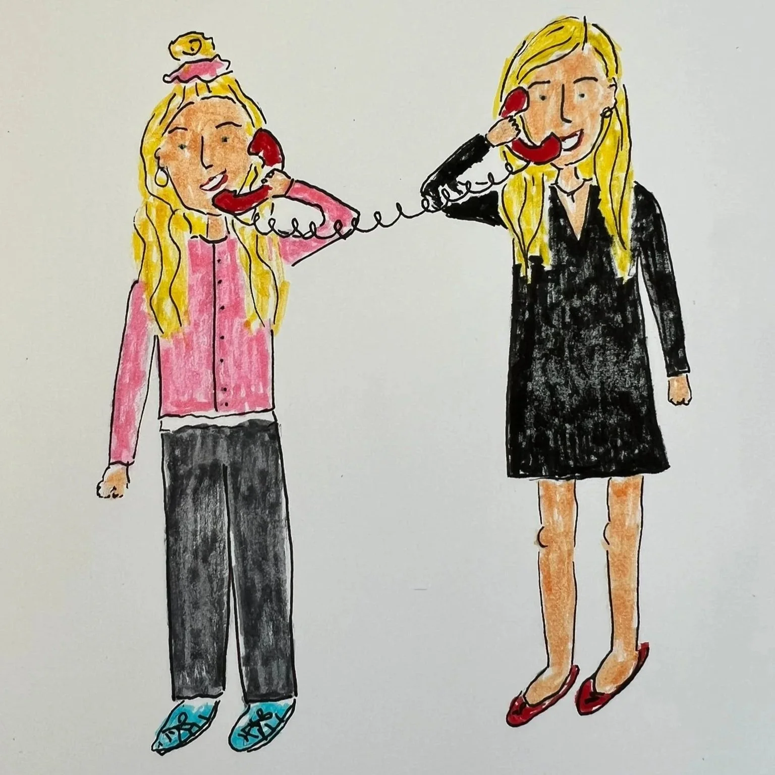 Drawing of two women talking on red telephones, one on each side of the image. The woman on the left has blonde hair in a bun, wearing a pink coat, dark gray pants, and blue shoes. The woman on the right has long blonde hair, wearing a black dress and red shoes.