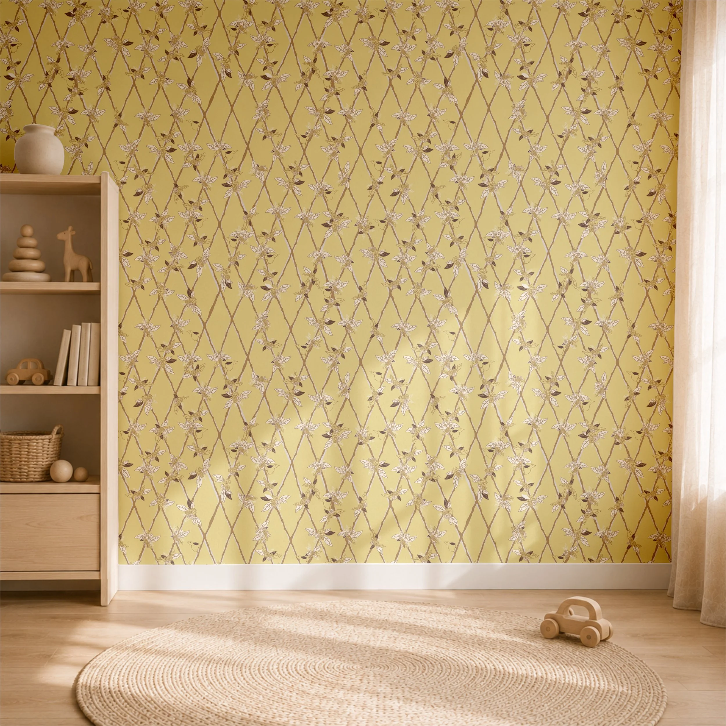 Yellow wallpaper with birds on trellis and flowers