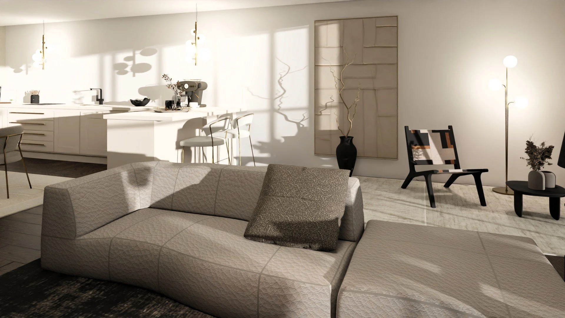 Sala de estar com sofá em bouclé creme e cadeira de estrutura preta. Sala Canela, MIREZ.