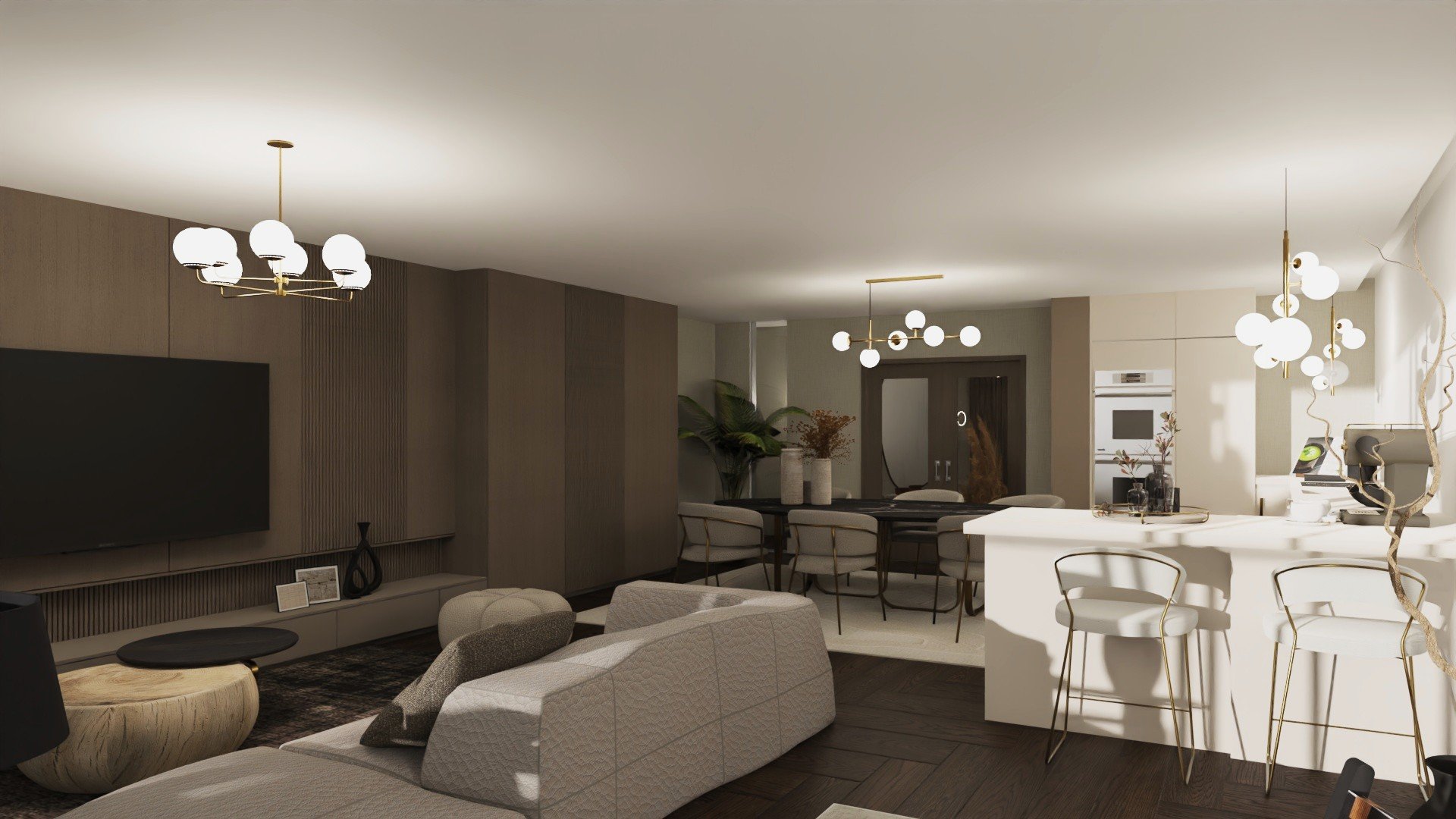 Open space com sala de estar, zona de refeições e cozinha em creme e latão. Design de interiores MIREZ, Algarve.