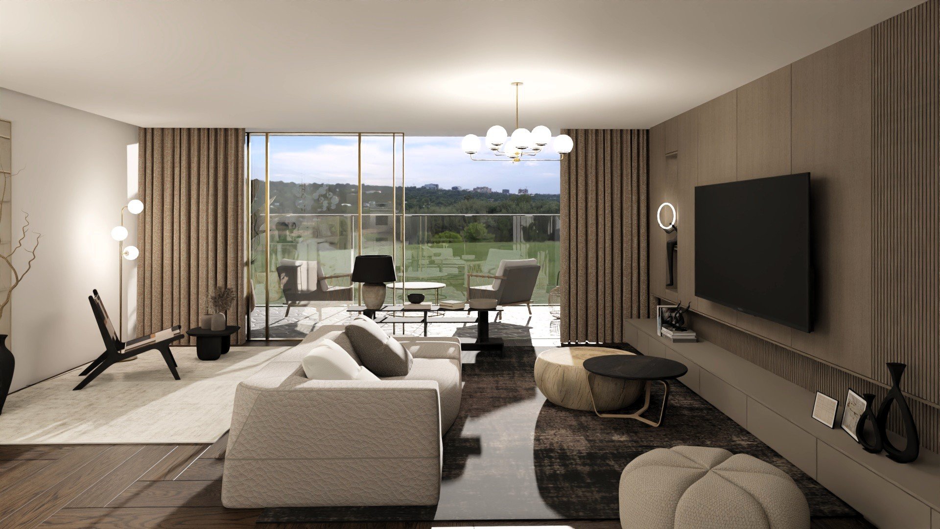 Sala de estar com sofá em bouclé creme, parede ripada taupe e varanda com vista para o Algarve. MIREZ virtual staging.