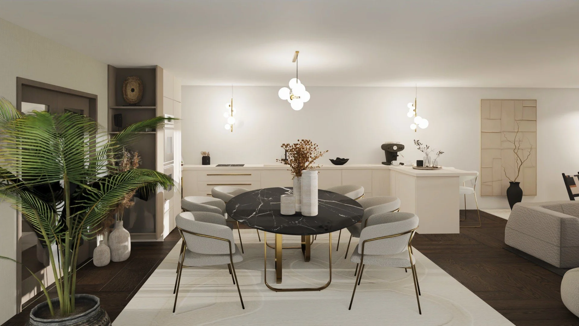 Mesa oval em mármore negro com cadeiras em bouclé e cozinha open space ao fundo. Virtual staging MIREZ.