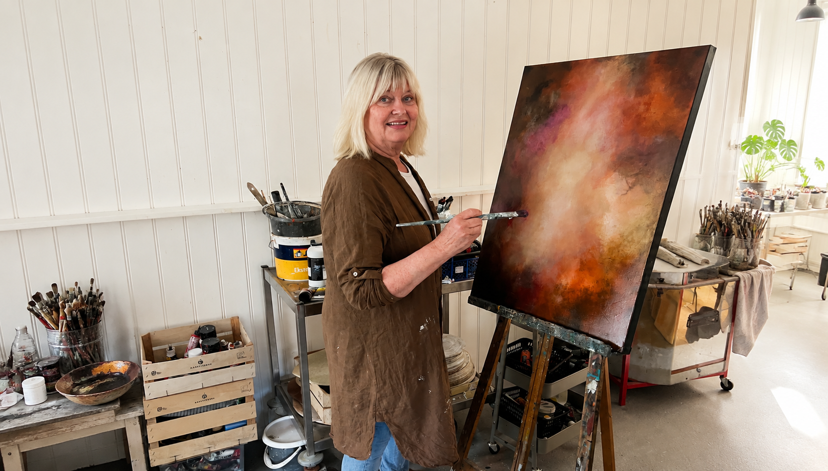 Kvinne som maler et abstrakt maleri i et kunststudio.