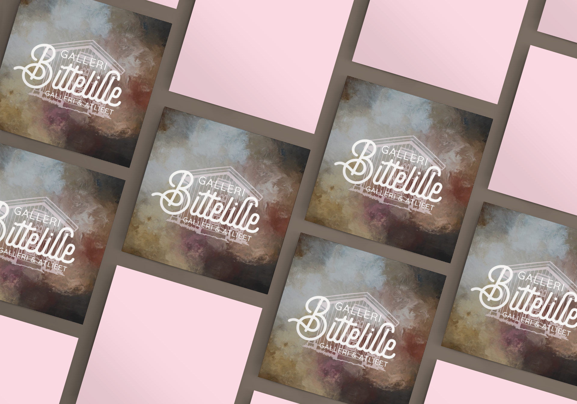 Bildet viser flere kunstgallerikort med abstrakte malerier og logoen til Gallerie Bittelille.