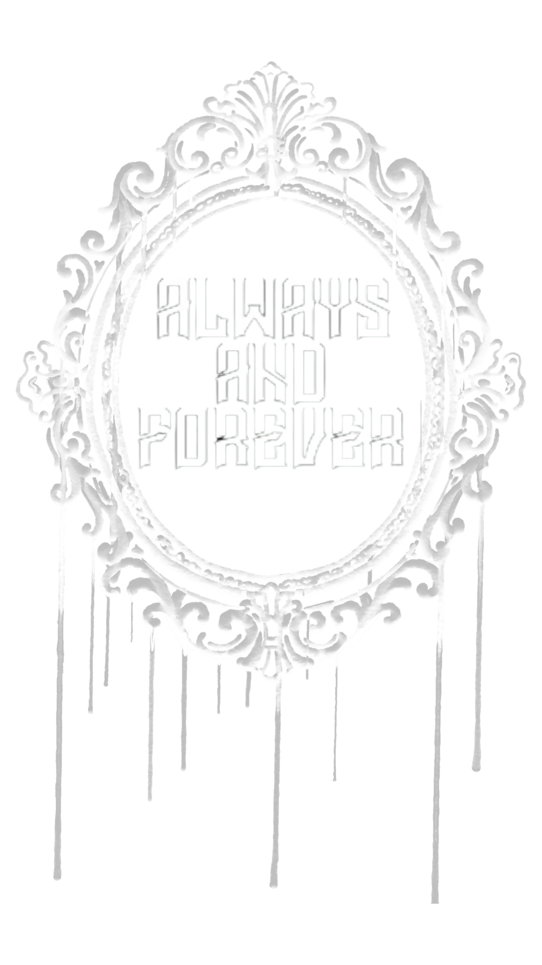 Decorative mirror with ornate white frame displaying the words 'Always and Forever' in the center.