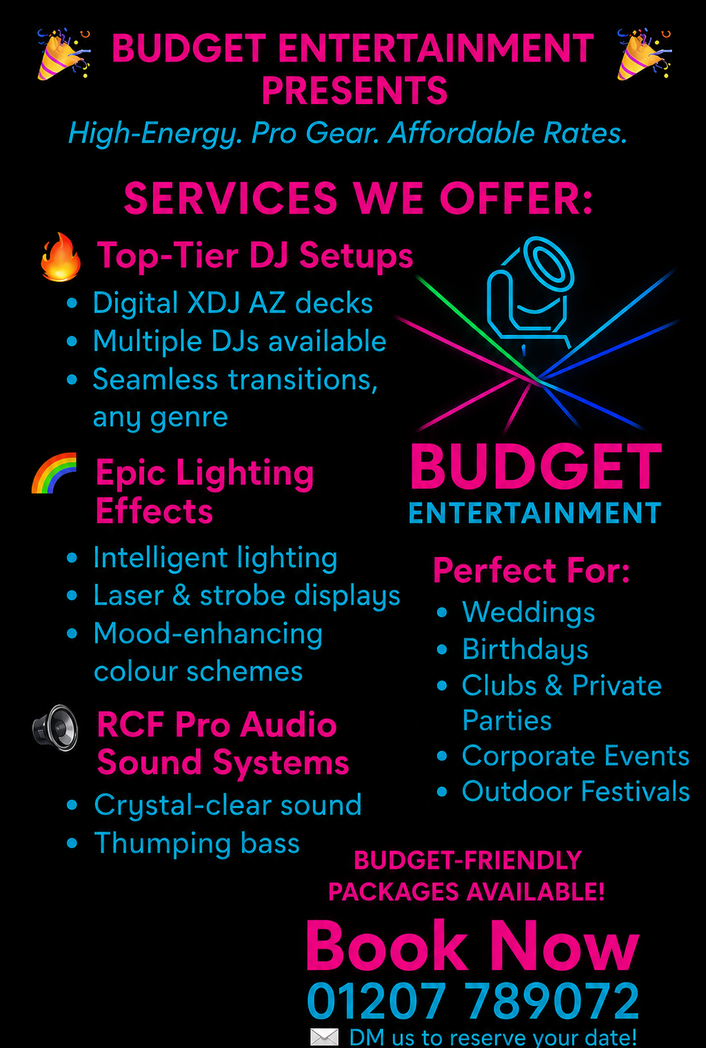 Poster advertising budget entertainment services including DJ setups, lighting effects, and sound systems, with contact information and event types.