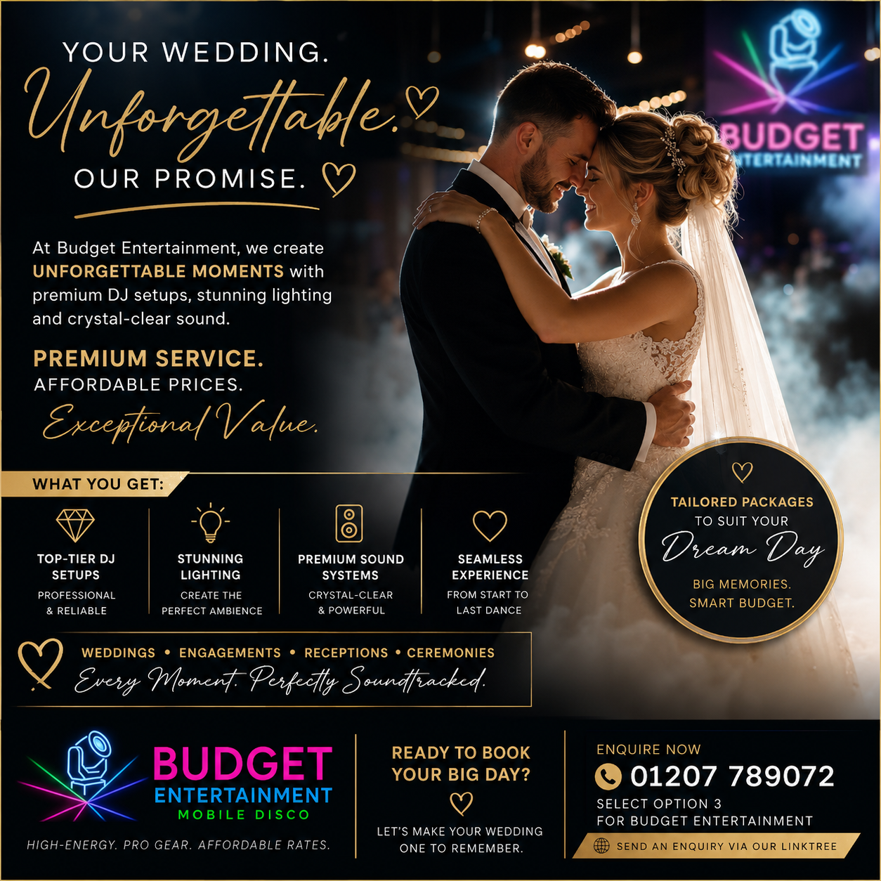 A wedding advertisement featuring a bride and groom embracing under lights at night, with neon signs in the background, and text promoting Budget Entertainment's wedding DJ services.
