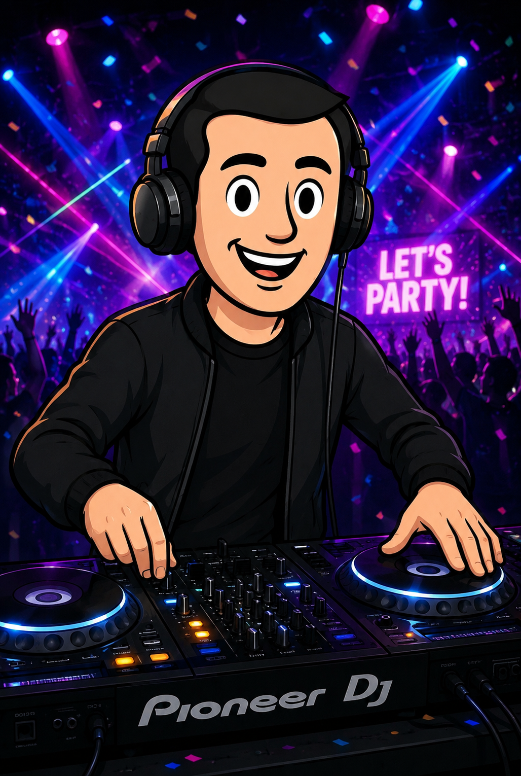 Cartoon DJ wearing headphones playing music at a lively party with colorful lights and a crowd dancing, with a sign that says 'Let's Party!' in the background.