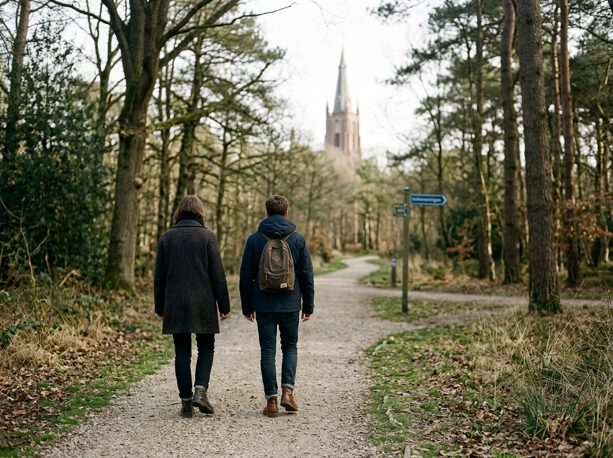 Two people walking on a dirt path through a wooded park with a church steeple in the background.