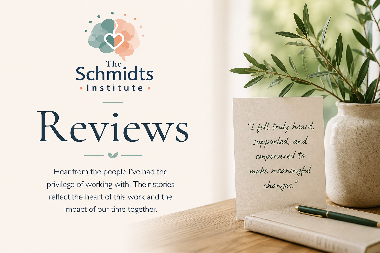 A promotional image for The Schmidts Institute featuring the word 'Reviews' with a quote card and a plant in the background.