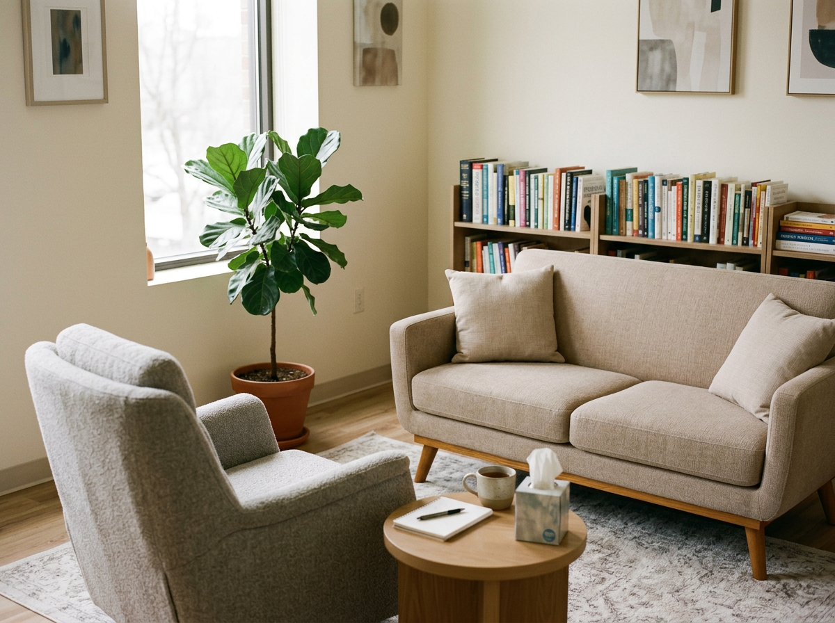Living room with beige sofa, gray armchair, wooden coffee table with tissues, notebook, and mug, green potted plant, bookshelf filled with books, and framed artwork on white walls, near a window.