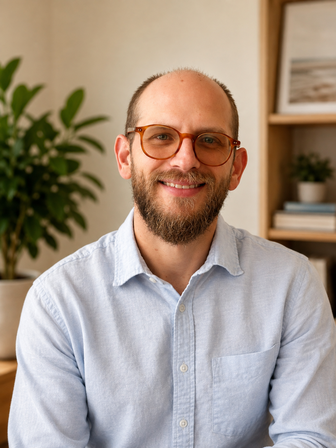 A man with glasses and a beard smiling in an indoor setting with a bookshelf and plant in the background.