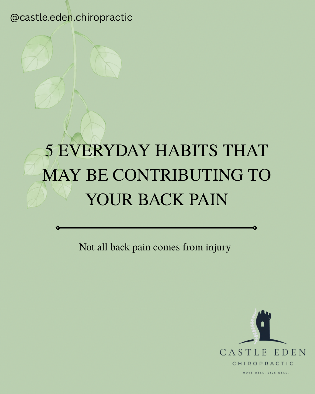 Green background with leaf illustrations, title text about habits contributing to back pain, Castle Eden Chiropractic logo at the bottom right.