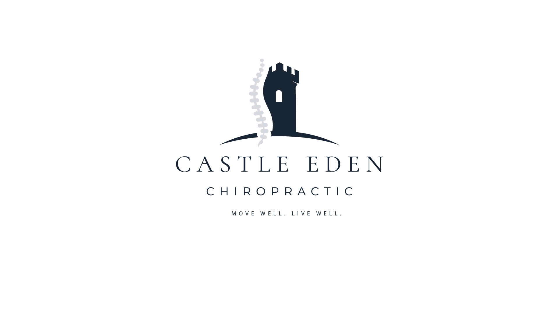 Logo for Castle Eden Chiropractic featuring a stylized castle turret and spine, with the text "Castle Eden Chiropractic" and the slogan "Move Well. Live Well."