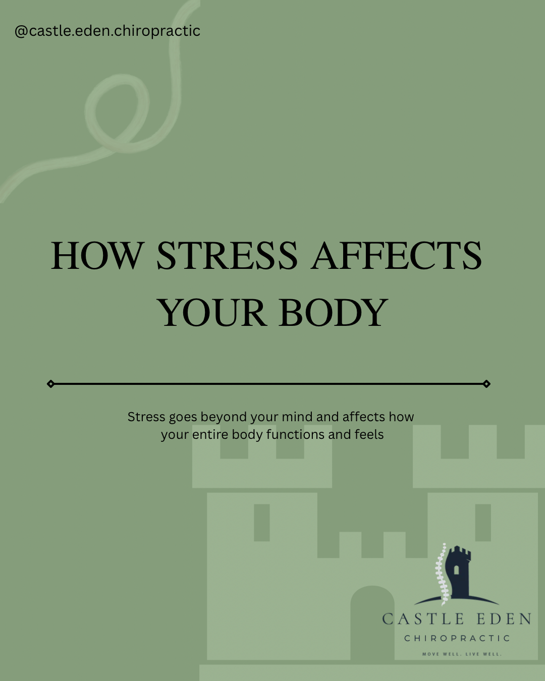 A brochure cover titled "How Stress Affects Your Body" from Castle Eden Chiropractic, with a green background, castle illustration, and chiropractor logo.