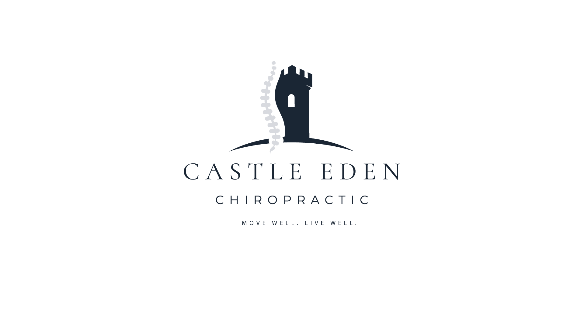Logo for Castle Eden Chiropractic featuring a stylized castle tower with a curved spine on the left and the business name below, with the tagline "Move Well. Live Well."