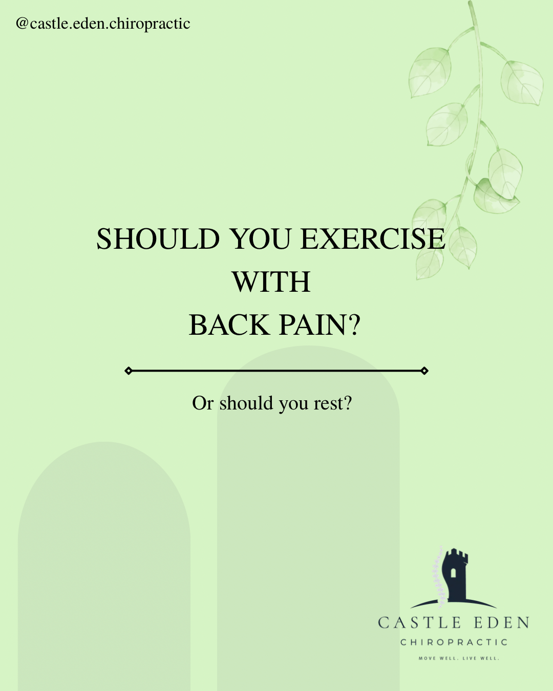 A promotional graphic with a light green background featuring a logo of a castle tower and leaf illustrations, asking 'Should you exercise with back pain? Or should you rest?'