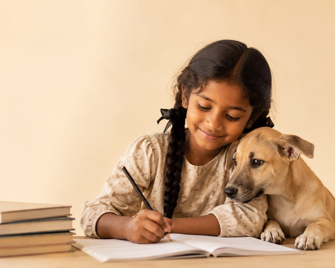 A young girl with long braided hair writes in a notebook at a desk with a dog resting its head on her arm.