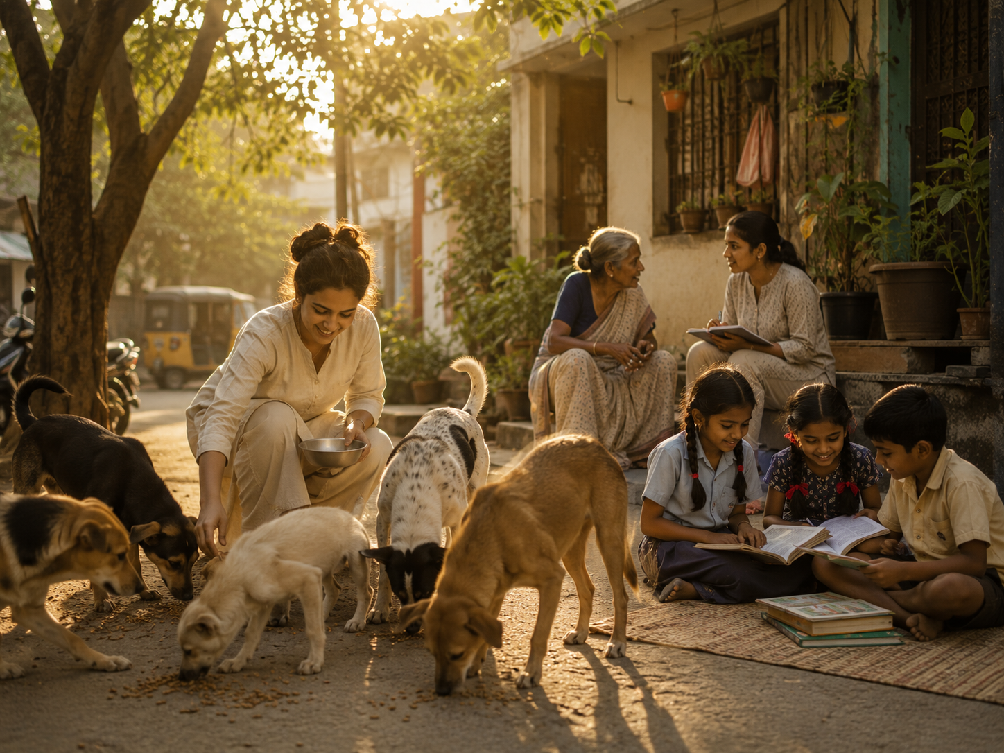 A family outside on a sunny street, feeding and playing with puppies, while children read books on a mat. An elderly woman and another woman sit on steps nearby.
