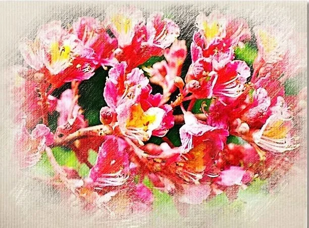 A watercolor painting of pink, red, and yellow flowers with green leaves background.