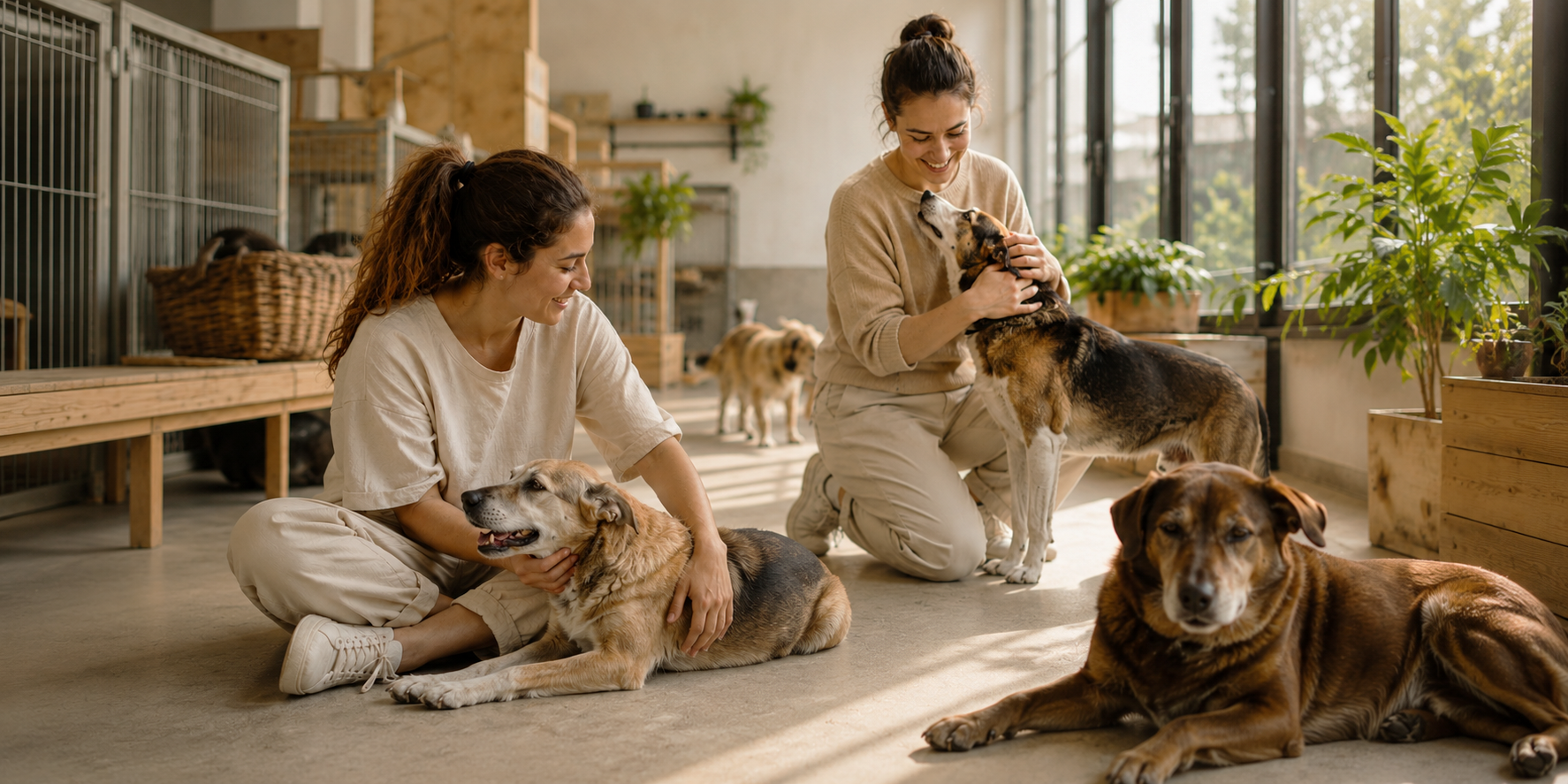 Two women playing with and caring for dogs inside a brightly lit animal shelter or kennel area.