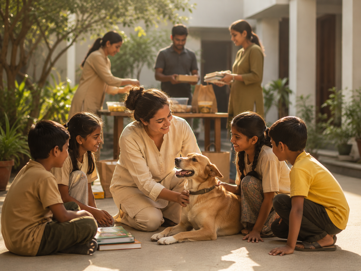 A woman and four children sitting on the ground grooming a dog, with three more people in the background preparing food outdoors.