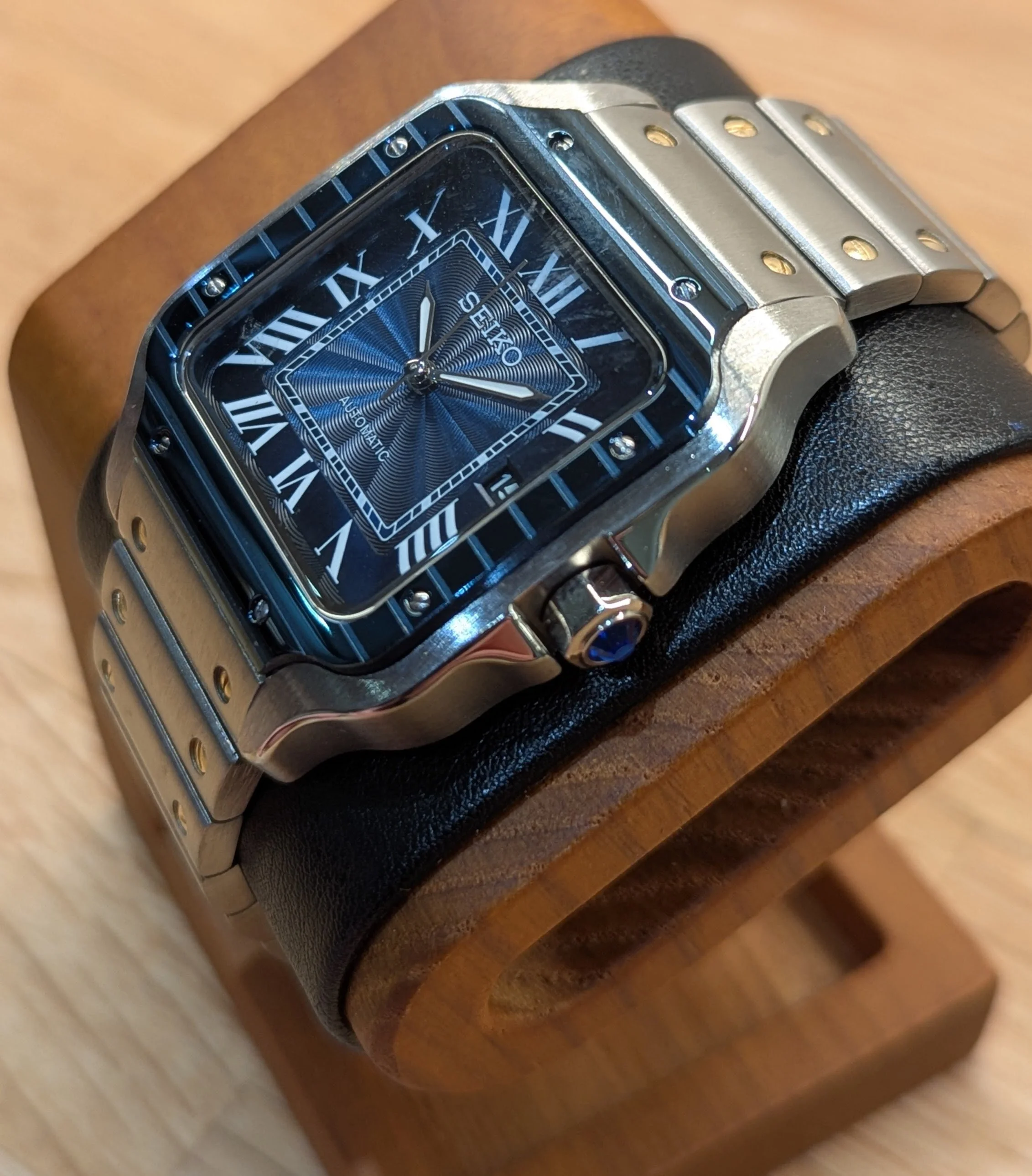 blue Santos seiko seiko mod square automatic roman numerals  dial dress watch sports watch