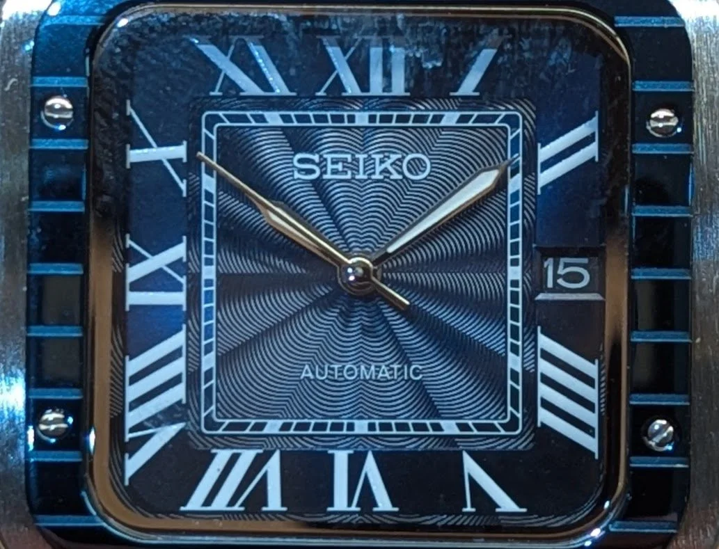 blue Santos seiko seiko mod square automatic roman numerals  dial dress watch sports watch
