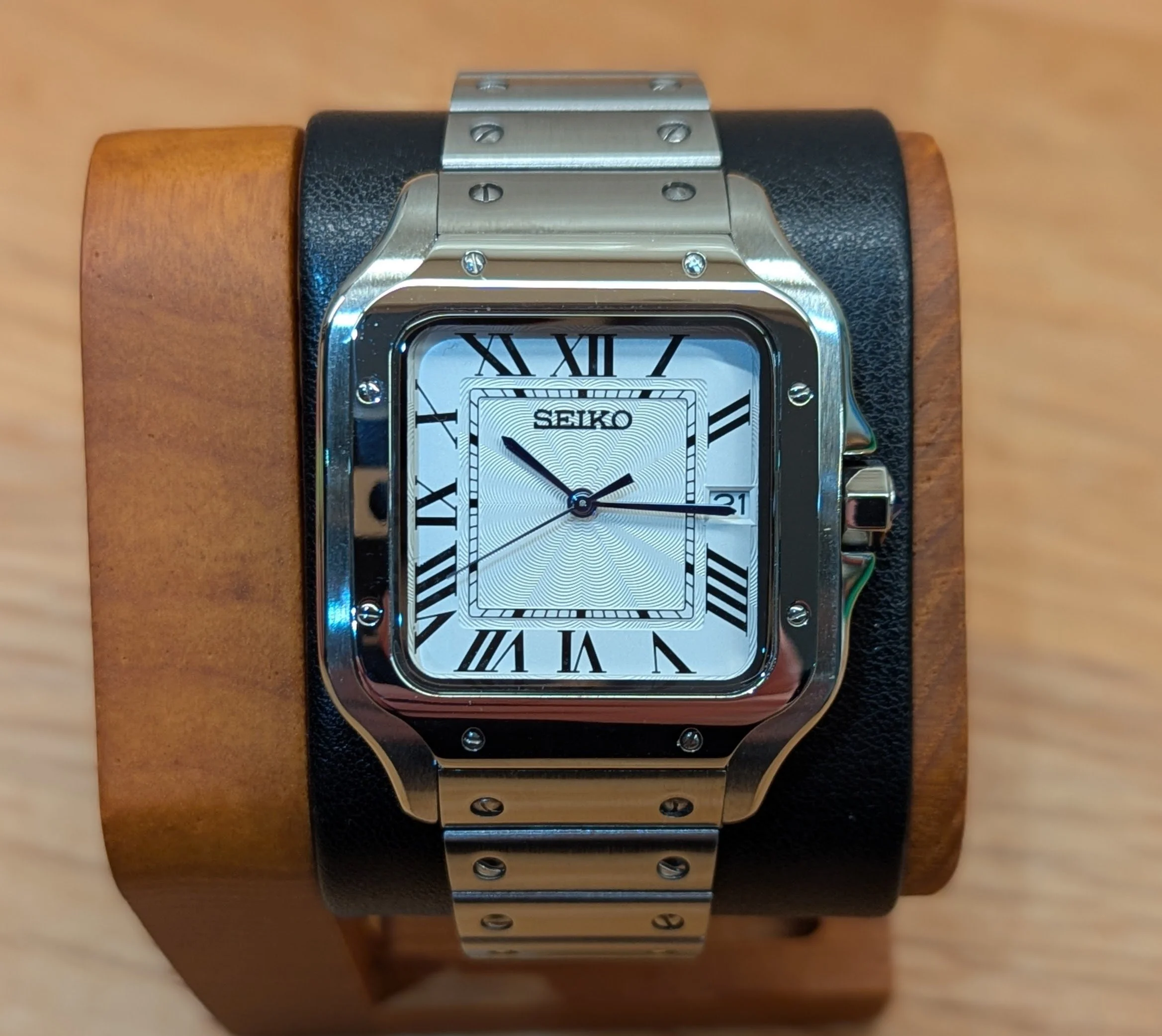 Santos seiko seiko mod square automatic roman numerals white dial dress watch sports watch