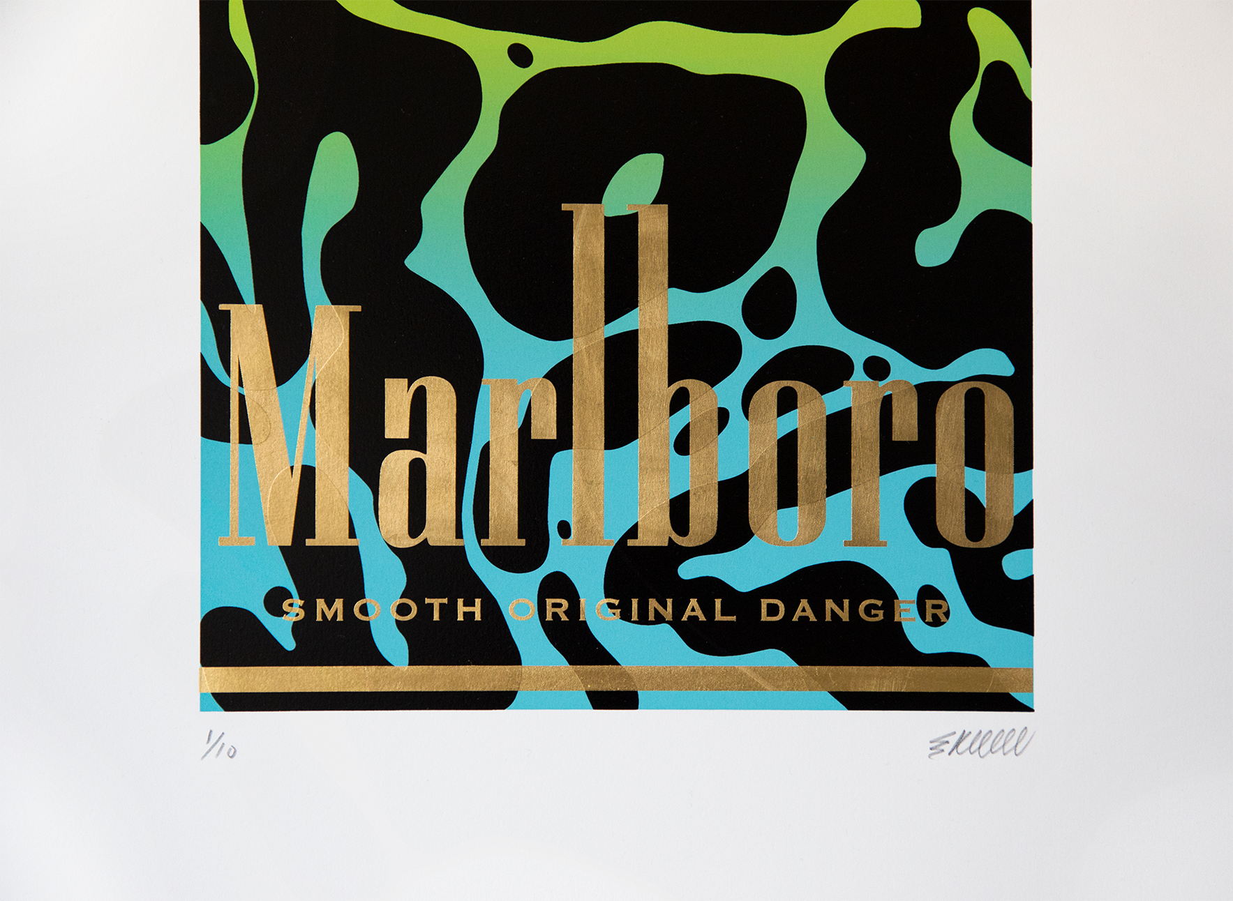 'Danger’, 2022. Hand pulled three colour gradient, black spot varnish and gold foil. Edition of 10.